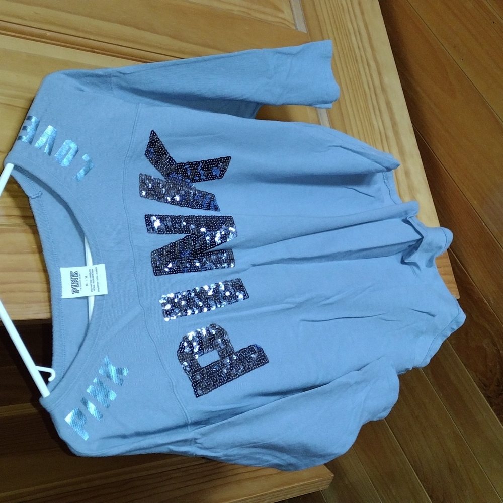 PINK Victoria's Secret Women's Sequin Logo Long Sleeve Top - Light Blue